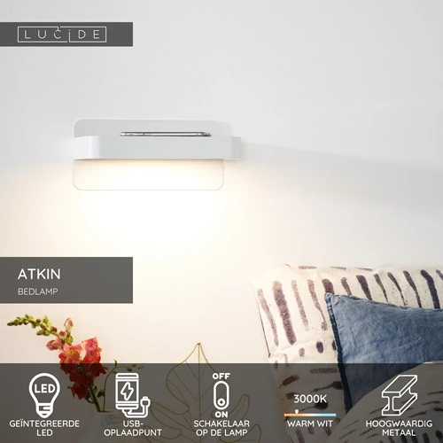 Lucide ATKIN - Bedlamp / Wandlamp - LED - 1x6W 3000K - Met USB oplaadpunt - Wit - USP